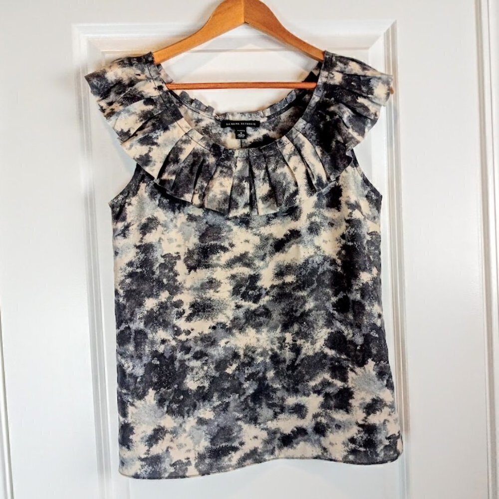 Banana Republic Slate Blue Grey Ruffle Pleat Neck Silk Sleeveless Top